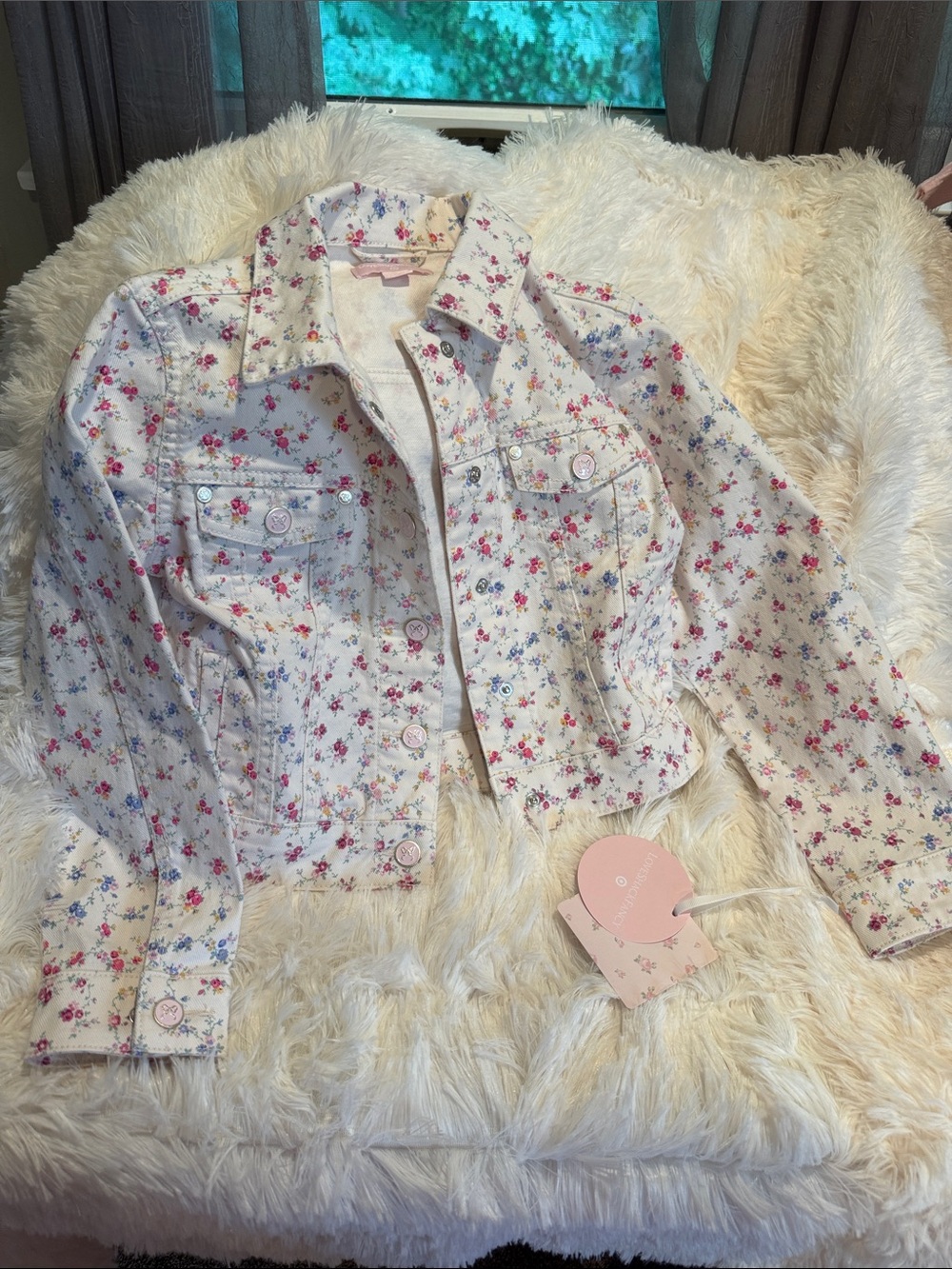 LoveShackFancy White Denim Jacket with Pink and Blue Floral Print
